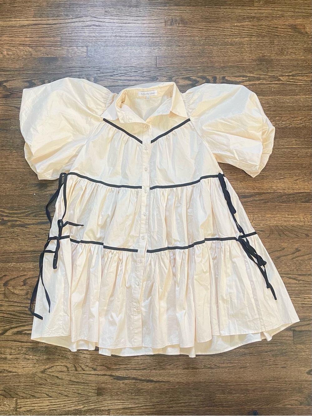 Women’s Balloon Sleeve Tiered Dress with Black Trim - Cream